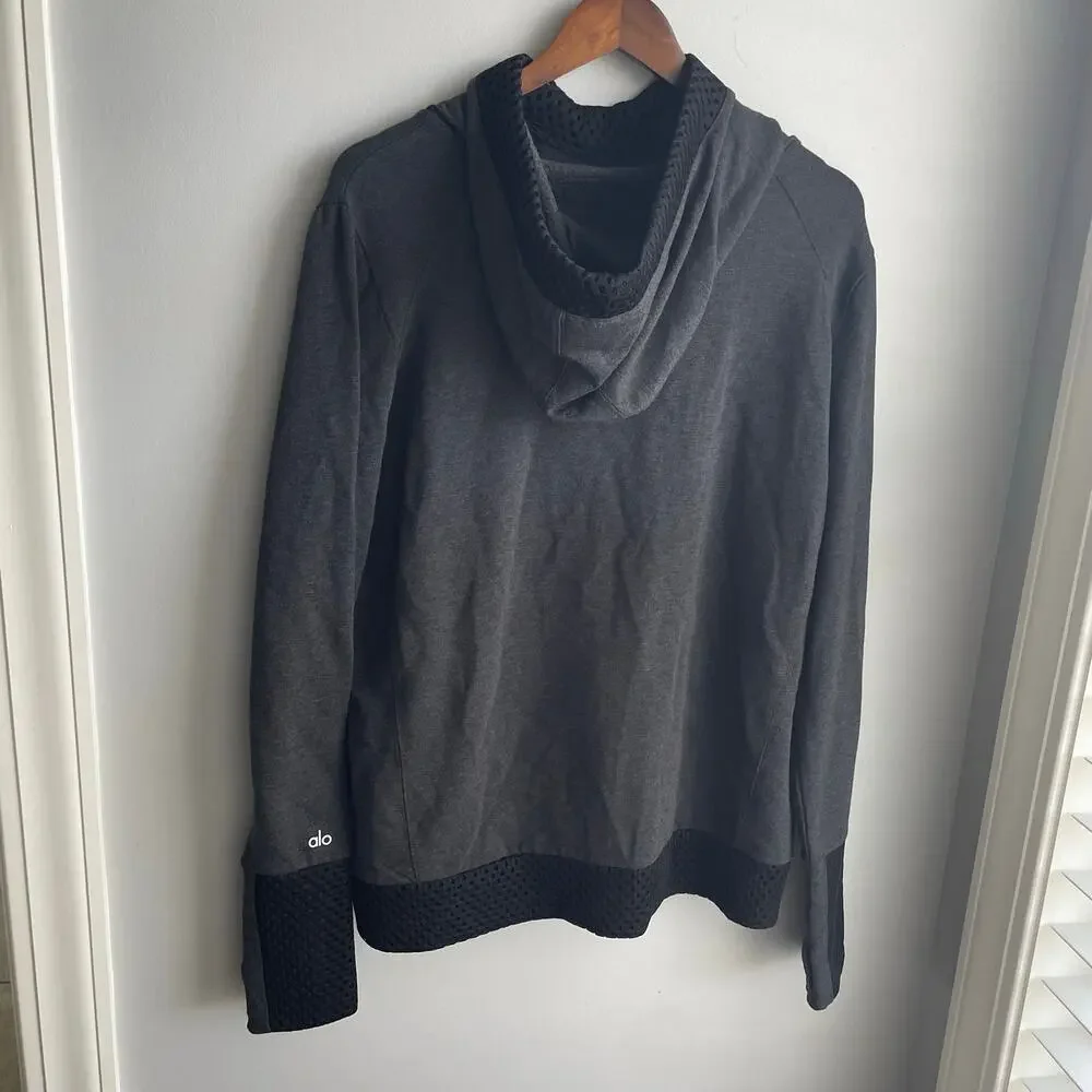 NWOT Alo Yoga Eclipse Yoga Long Sleeve Hoodie Gray/Black Mesh sz L